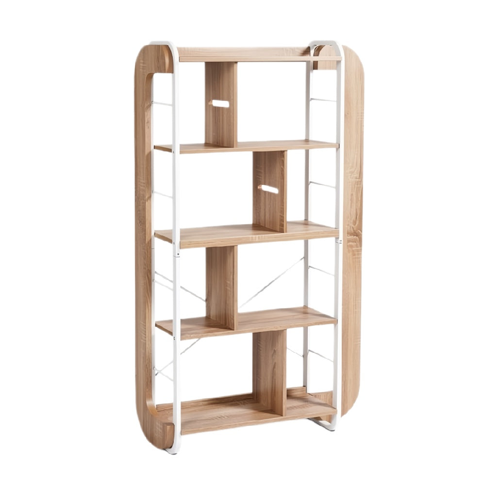 **Technische titel in het Nederlands: Multifunctionele houten boekenkast met witte metalen accenten**