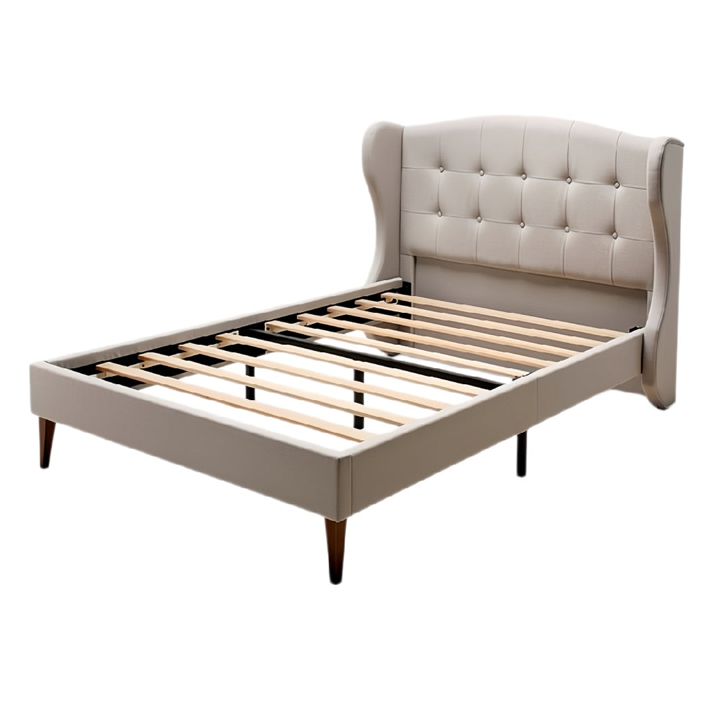 **Technische titel in het Nederlands: Elegante stofbed met strakke lijnen en houten poten**